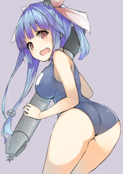 Anime picture 1000x1414 with kantai collection i-19 submarine tofu106 single long hair tall image looking at viewer breasts open mouth light erotic simple background large breasts twintails bare shoulders brown eyes blue hair ass purple background girl ribbon (ribbons)