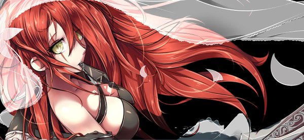 Anime picture 1364x628 with league of legends katarina (league of legends) beanbean1988 single long hair breasts wide image bare shoulders yellow eyes cleavage red hair scar saliva girl wedding veil kunai