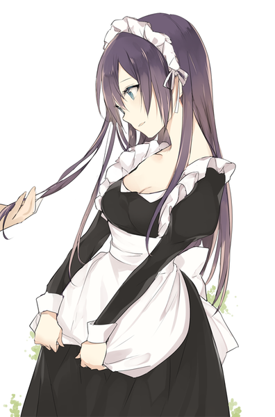 Anime picture 600x907 with original lpip long hair tall image fringe breasts open mouth blue eyes simple background smile hair between eyes standing white background holding looking away purple hair head tilt profile maid puffy sleeves
