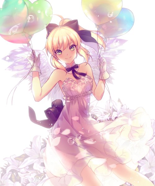 Anime picture 1000x1200 with fate (series) fate/grand order artoria pendragon (all) saber lily eu (euspia) single tall image looking at viewer blush short hair blonde hair smile white background green eyes payot ahoge ponytail wind angel wings girl