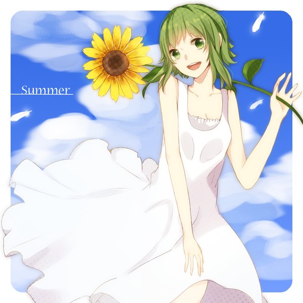 Anime picture 1000x1000 with vocaloid gumi hiiro (artist) single looking at viewer short hair open mouth bare shoulders green eyes sky cloud (clouds) green hair border happy girl dress flower (flowers) white dress feather (feathers) sunflower