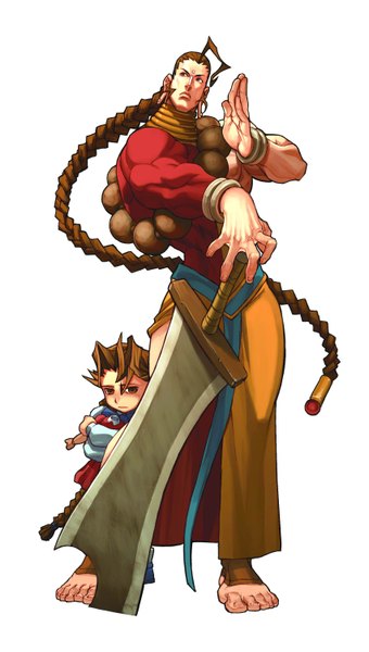 Anime picture 1704x3000 with vampire / darkstalkers (game) anita (vampire / darkstalkers) donovan baine lastscionz long hair tall image highres simple background brown hair white background ahoge barefoot single braid muscle girl boy child (children) huge weapon huge sword