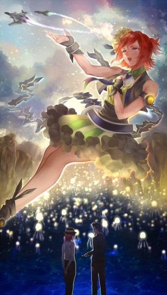 Anime picture 1500x2641 with macross macross delta kaname buccaneer vf-31j messer ihlefeld sv-262 jyuui tall image fringe short hair open mouth blue eyes black hair bare shoulders multiple girls holding looking away sky cloud (clouds) profile