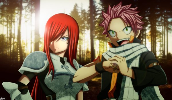 Anime picture 1937x1130 with fairy tail erza scarlet natsu dragneel futuretabs long hair fringe highres short hair open mouth smile wide image green eyes pink hair red hair pink eyes sunlight hair over one eye sleeveless coloring muscle