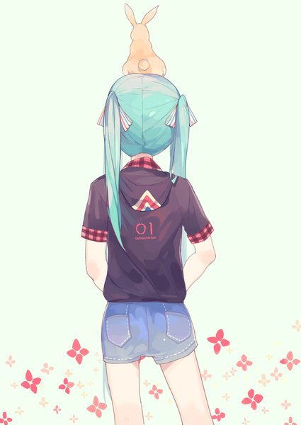 Anime picture 2952x4169 with vocaloid hatsune miku ryuutsuki basetsu single long hair tall image highres simple background twintails from behind aqua hair girl ribbon (ribbons) hair ribbon animal shorts bunny