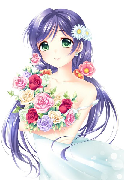 Anime picture 700x1013 with love live! school idol project sunrise (studio) love live! toujou nozomi p.kibi single long hair tall image looking at viewer blush simple background smile white background twintails bare shoulders green eyes purple hair hair flower low twintails strap slip