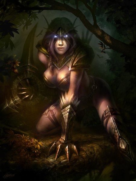 Anime picture 2199x2928 with world of warcraft blizzard entertainment tamplierpainter single long hair tall image looking at viewer highres purple eyes cleavage purple hair braid (braids) lips single braid dark background girl weapon plant (plants) earrings tree (trees)