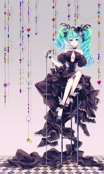 Anime picture 1033x1722 with vocaloid hatsune miku soso single long hair tall image sitting twintails aqua eyes aqua hair drill hair girl dress hat microphone stand