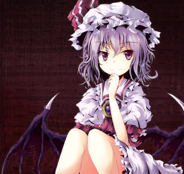 Anime picture 1400x1324 with touhou remilia scarlet tamago gohan single short hair smile purple eyes purple hair bat wings girl bow hat