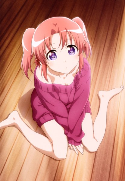 Anime picture 4811x6959 with mikakunin de shinkoukei doga kobo yonomori kobeni single tall image looking at viewer blush fringe highres short hair breasts sitting purple eyes twintails pink hair absurdres cleavage from above off shoulder official art