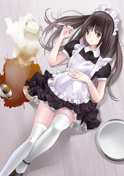 Anime picture 827x1169 with original chikuwa (odennabe) single long hair tall image looking at viewer fringe black hair lying black eyes short sleeves maid on back zettai ryouiki puffy sleeves revision spill girl thighhighs uniform