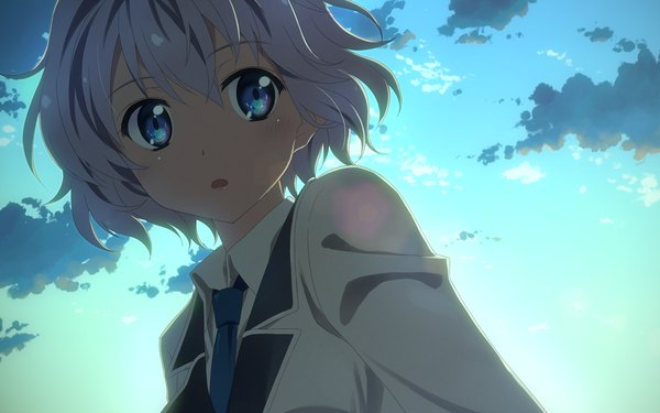 Anime picture 2560x1600 with original yuuki tatsuya single looking at viewer highres short hair open mouth blue eyes wide image sky cloud (clouds) white hair girl uniform school uniform