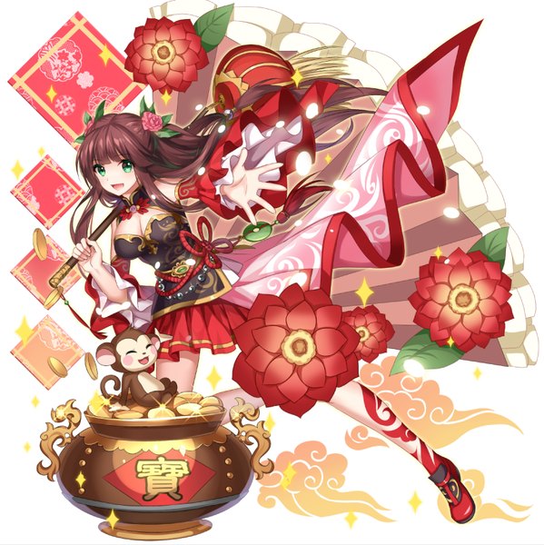 Anime picture 857x859 with original moyu single long hair tall image blush fringe open mouth brown hair green eyes payot outstretched hand girl dress flower (flowers) detached sleeves animal coin (coins) monkey
