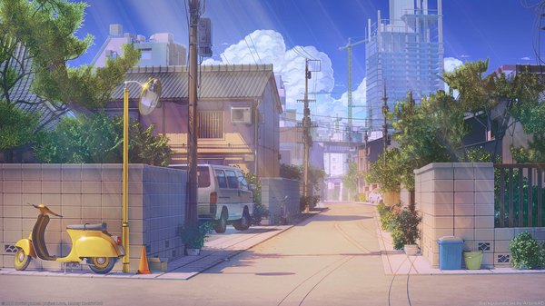 Anime picture 1920x1080 with love money rock'n'roll arsenixc highres wide image blurry shadow depth of field city watermark no people street plant (plants) tree (trees) building (buildings) ground vehicle potted plant mirror car house power lines