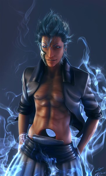 Anime picture 1000x1653 with bleach studio pierrot grimmjow jeagerjaques wen-jr single tall image short hair simple background smile aqua eyes aqua hair open clothes teeth glowing muscle hands in pockets espada arrancar boy mask