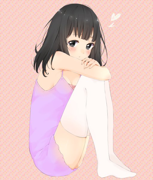Anime picture 2632x3080 with original manatsuki manata single long hair tall image blush fringe highres breasts black hair sitting bare shoulders looking away bent knee (knees) blunt bangs head tilt black eyes armpit (armpits) embarrassed no shoes