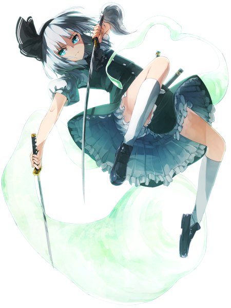 Anime picture 900x1200 with touhou konpaku youmu myon ibuki notsu single tall image highres short hair simple background white background holding silver hair aqua eyes short sleeves puffy sleeves dual wielding girl skirt weapon sword