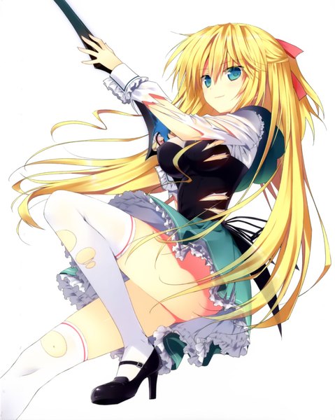 Anime picture 3216x4026 with absolute duo 8bit lilith bristol single long hair tall image highres blue eyes simple background blonde hair white background absurdres scan torn clothes girl thighhighs dress weapon white thighhighs gun