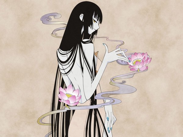 Anime picture 1600x1200 with xxxholic clamp ichihara yuuko long hair fringe highres black hair blunt bangs looking back wallpaper back hime cut dress flower (flowers)