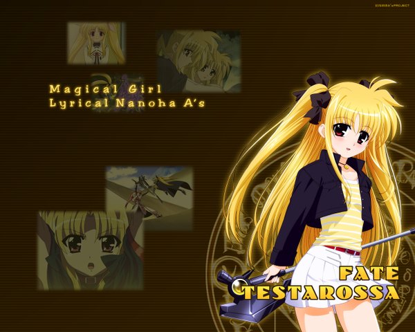Anime picture 1280x1024 with mahou shoujo lyrical nanoha fate testarossa signum bardiche levantine alicia testarossa okuda yasuhiro single long hair looking at viewer open mouth blonde hair red eyes two side up copyright name character names multiview third-party edit girl skirt