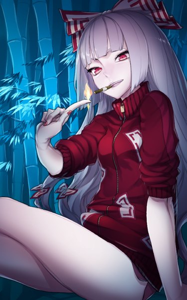 Anime picture 625x1000 with touhou fujiwara no mokou thupoppo single long hair tall image looking at viewer open mouth smile red eyes sitting silver hair arm support magic twisty sleeves bamboo forest girl bow plant (plants) hair bow