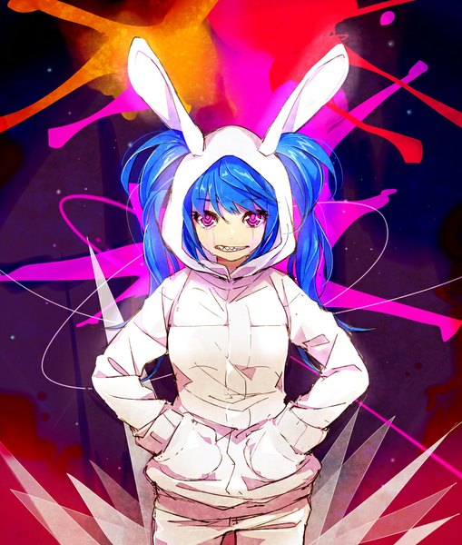 Anime picture 800x943 with vocaloid hatsune miku kawai makoto single long hair tall image looking at viewer fringe twintails animal ears blue hair pink eyes pointy ears bunny ears tears grin hands in pockets alternate eye color girl hood