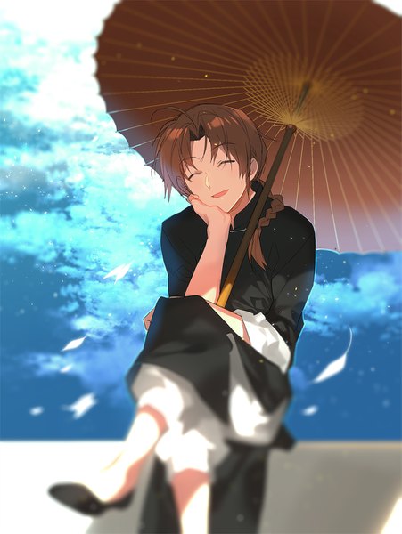 Anime picture 1053x1400 with gintama sunrise (studio) kamui (gintama) sennen suisei single long hair tall image fringe open mouth smile brown hair sky cloud (clouds) full body ahoge bent knee (knees) outdoors braid (braids) eyes closed traditional clothes