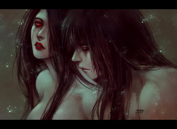 Anime picture 1300x950 with original mara (original character) morana (original character) nanfe long hair looking at viewer fringe breasts open mouth light erotic red eyes large breasts signed eyes closed nude hair over one eye realistic teeth couple lipstick
