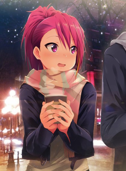 Anime picture 886x1200 with idolmaster idolmaster million live! maihama ayumu kaiga tall image blush short hair open mouth purple eyes holding looking away pink hair outdoors ponytail :d light solo focus steam hands clasped bare tree