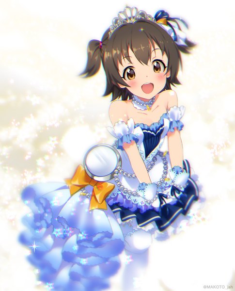 Anime picture 850x1050 with idolmaster idolmaster cinderella girls idolmaster cinderella girls starlight stage akagi miria mizuki makoto single tall image looking at viewer blush short hair open mouth smile brown hair twintails brown eyes sparkle two side up short twintails cute starry sky bright