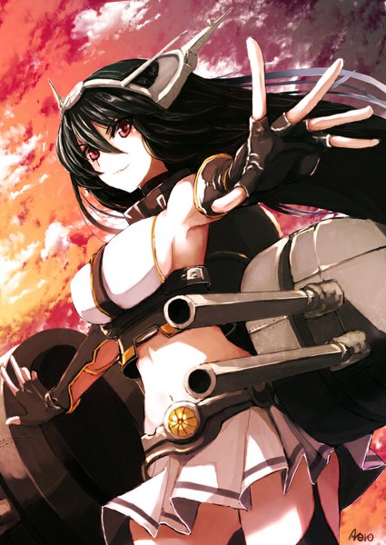 Anime picture 725x1024 with kantai collection nagato battleship kuroneko nero single long hair tall image looking at viewer breasts black hair red eyes large breasts signed sky cloud (clouds) bare belly outstretched arm evening spread arms girl skirt