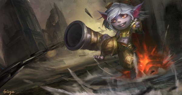 Anime picture 1200x628 with league of legends tristana (league of legends) foliage (artist) single short hair smile wide image twintails grey hair orange eyes girl weapon gun grenade launcher