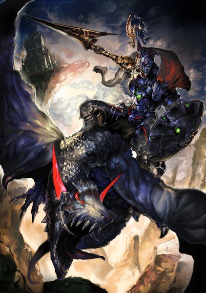 Anime picture 1197x1700 with original eel (artist) tall image open mouth red eyes cloud (clouds) teeth flying sharp teeth rock boy weapon tongue armor cape skull helmet dragon spear castle