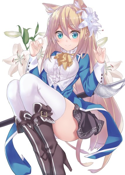 Anime picture 712x1000 with original ray-akila single long hair tall image looking at viewer blush blue eyes light erotic simple background blonde hair smile white background animal ears hair flower high heels pantyshot weightlessness girl thighhighs