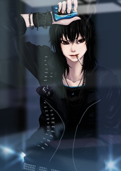 Anime picture 707x1000 with original chica (moonflash09) single long hair tall image black hair brown eyes looking away light smoke hand on head hand in pocket smoking girl jacket pendant chain cigarette wristlet cartridge