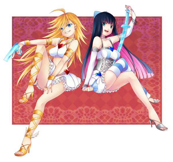 Anime picture 1800x1680 with panty & stocking with garterbelt anarchy stocking anarchy panty momoyama nozomu long hair highres blue eyes light erotic blonde hair smile multiple girls green eyes cleavage purple hair ahoge multicolored hair two-tone hair colored inner hair girl thighhighs