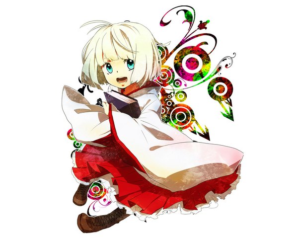 Anime picture 1024x819 with ao no exorcist a-1 pictures moriyama shiemi single short hair open mouth blue eyes simple background blonde hair white background traditional clothes girl book (books)