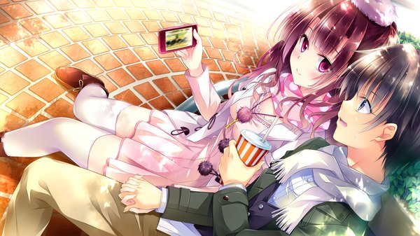 Anime picture 1920x1080 with golden marriage ensemble (studio) ichijouji touko long hair blush highres short hair open mouth blue eyes black hair wide image sitting purple eyes game cg purple hair couple girl thighhighs dress boy