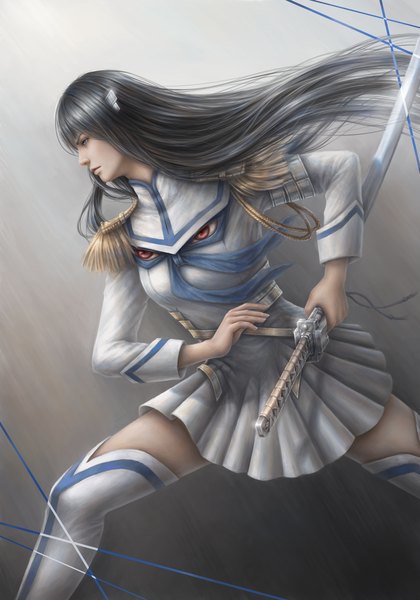 Anime picture 910x1300 with kill la kill studio trigger kiryuuin satsuki jxbp single long hair tall image fringe simple background profile grey hair realistic grey eyes fighting stance serious eyes girl thighhighs uniform weapon