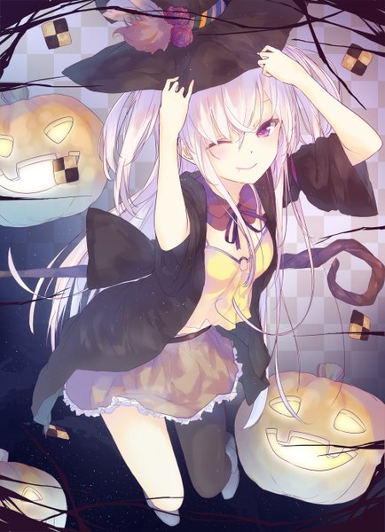 Anime picture 1000x1382 with original la-na single long hair tall image purple eyes white hair one eye closed wink halloween witch girl dress witch hat cane