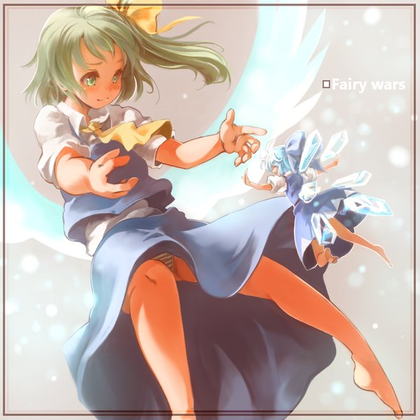 Anime picture 1000x1000 with touhou cirno daiyousei sachito (artist) blush short hair light erotic smile multiple girls green eyes blue hair barefoot green hair inscription pantyshot one side up spread arms giant girl underwear