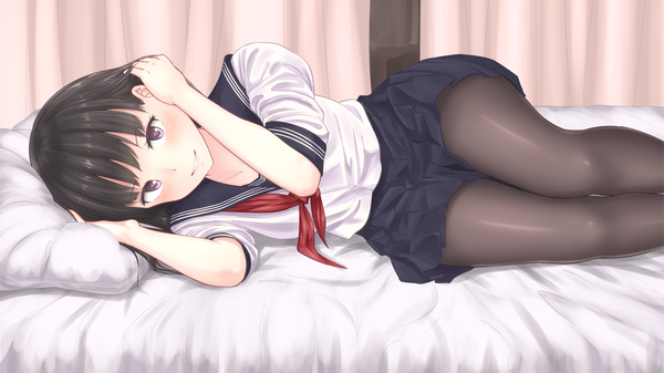 Anime picture 1200x675 with original minagiku single long hair blush black hair smile wide image brown eyes lying adjusting hair on side girl skirt uniform school uniform pantyhose serafuku black pantyhose pillow