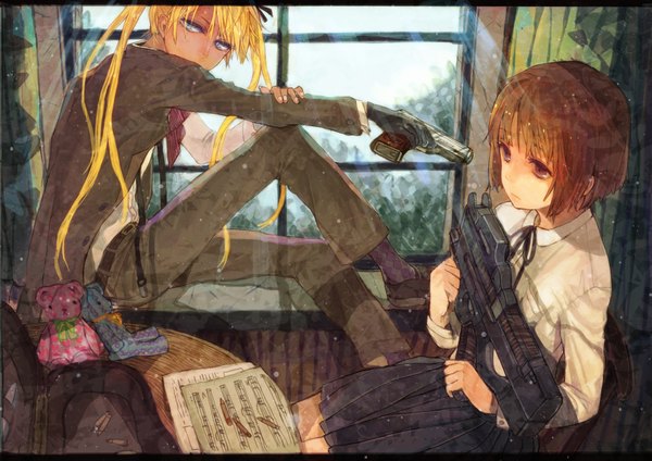 Anime picture 2000x1414 with gunslinger girl madhouse triela henrietta (gunslinger girl) sono (pixiv) long hair highres short hair blue eyes blonde hair brown hair twintails multiple girls brown eyes pleated skirt girl skirt weapon 2 girls socks