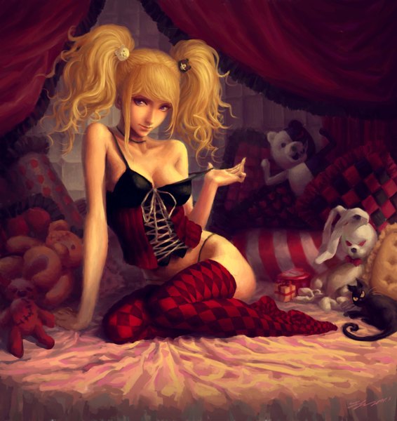 Anime picture 2976x3157 with dangan ronpa enoshima junko monokuma zhoujialin tall image looking at viewer highres light erotic blonde hair smile red eyes sitting purple eyes twintails girl thighhighs bow animal pillow bed
