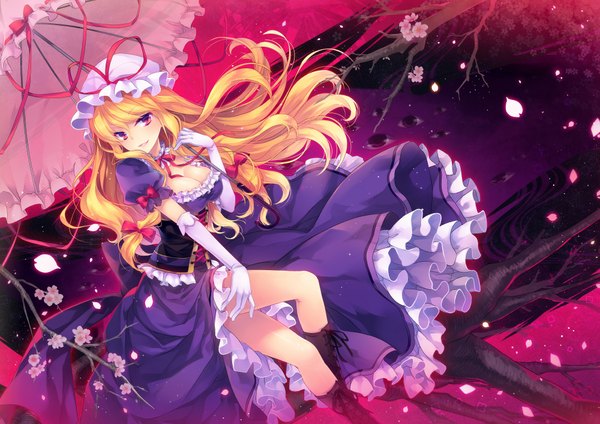 Anime picture 1000x708 with touhou yakumo yukari shinia single short hair breasts blonde hair red eyes cleavage cherry blossoms girl dress gloves petals umbrella bonnet