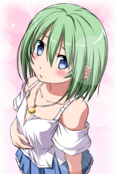 Anime picture 740x1112 with original nori tamago single tall image looking at viewer blush short hair blue eyes green hair girl dress pendant