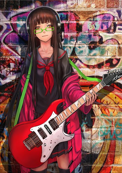 Anime picture 827x1169 with original infukun single long hair tall image looking at viewer red eyes brown hair graffiti girl uniform school uniform glasses serafuku headphones coat guitar bass guitar