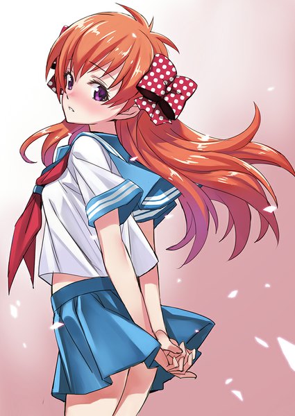 Anime picture 708x1000 with gekkan shoujo nozaki-kun doga kobo sakura chiyo matsuryuu single long hair tall image looking at viewer blush purple eyes orange hair turning head hands behind back girl skirt uniform bow hair bow miniskirt petals