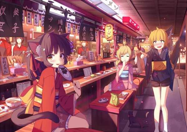 Anime picture 989x700 with original riki-to long hair blush fringe short hair open mouth black hair blonde hair brown hair standing sitting multiple girls animal ears bent knee (knees) tail eyes closed traditional clothes japanese clothes animal tail