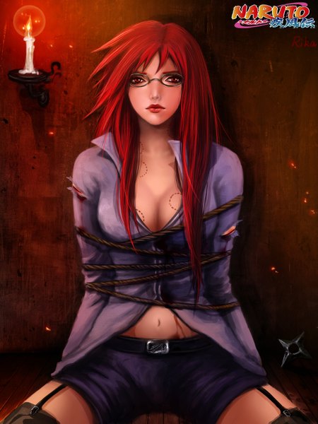 Anime picture 1200x1600 with naruto studio pierrot naruto (series) karin (naruto) rikamello single long hair tall image red eyes red hair lips realistic inscription lipstick torn clothes bondage girl navel weapon glasses